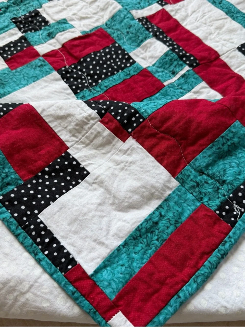 Handmade Geometric Patchwork Quilt - Red, Teal, White, Black Polka Dot 38”x38”